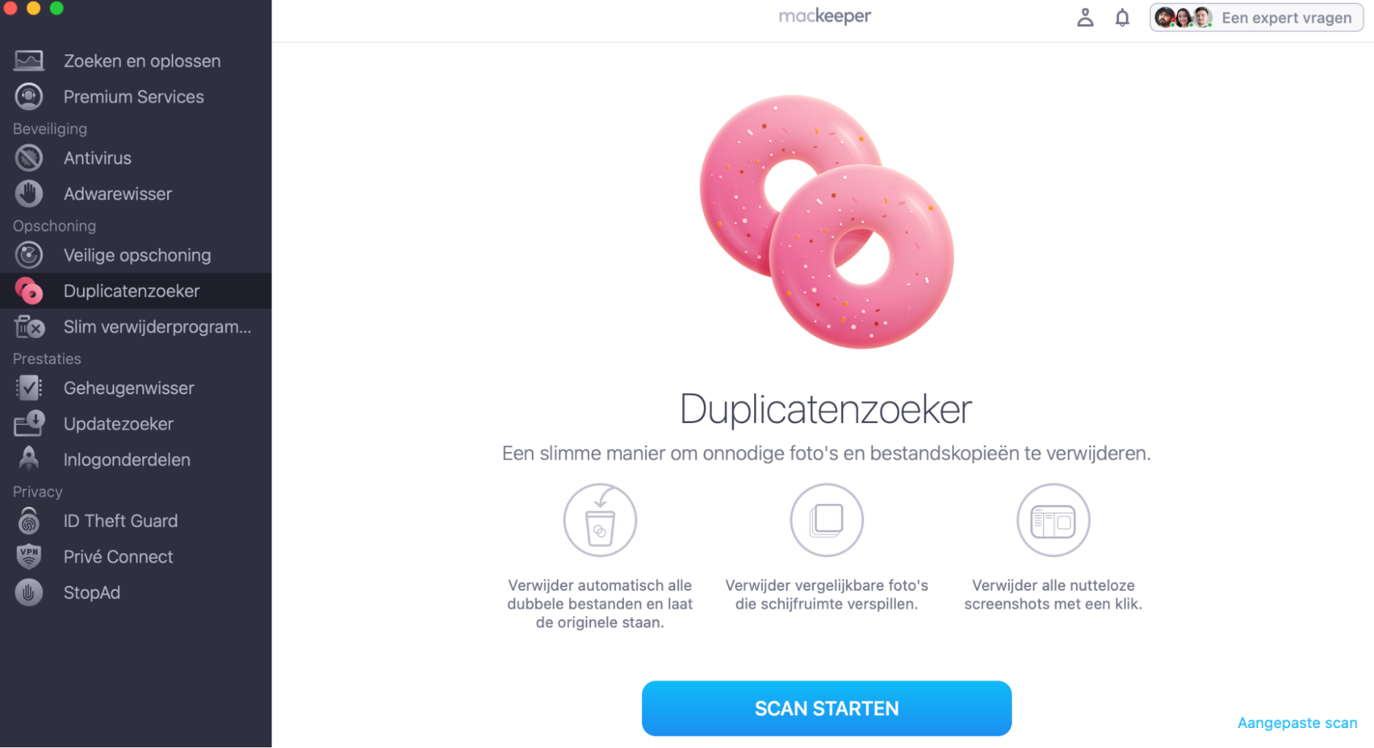 Om duplicaten van je Mac te verwijderen, gebruik je de functie Duplicatenzoeker van MacKeeper. Open MacKeeper, ga naar Duplicatenzoeker en klik op Start scan.