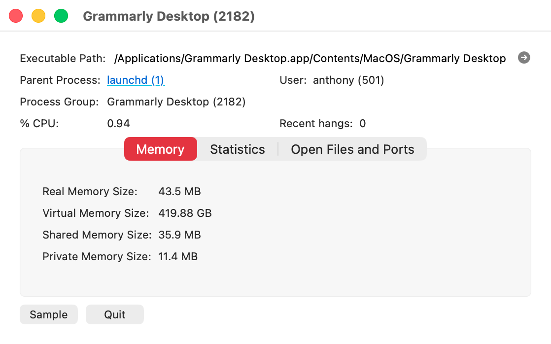 Activity Monitor will bring up a new panel, containing some information about the Grammarly Desktop app. Click the 'Quit' button at the bottom of the panel.