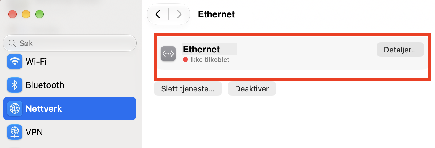 Akkurat som når du slår av Wi-Fi, kan du deaktivere Ethernet-tilkoblingen på Macen din fra Systeminnstillinger. Bare klikk på Ethernet.