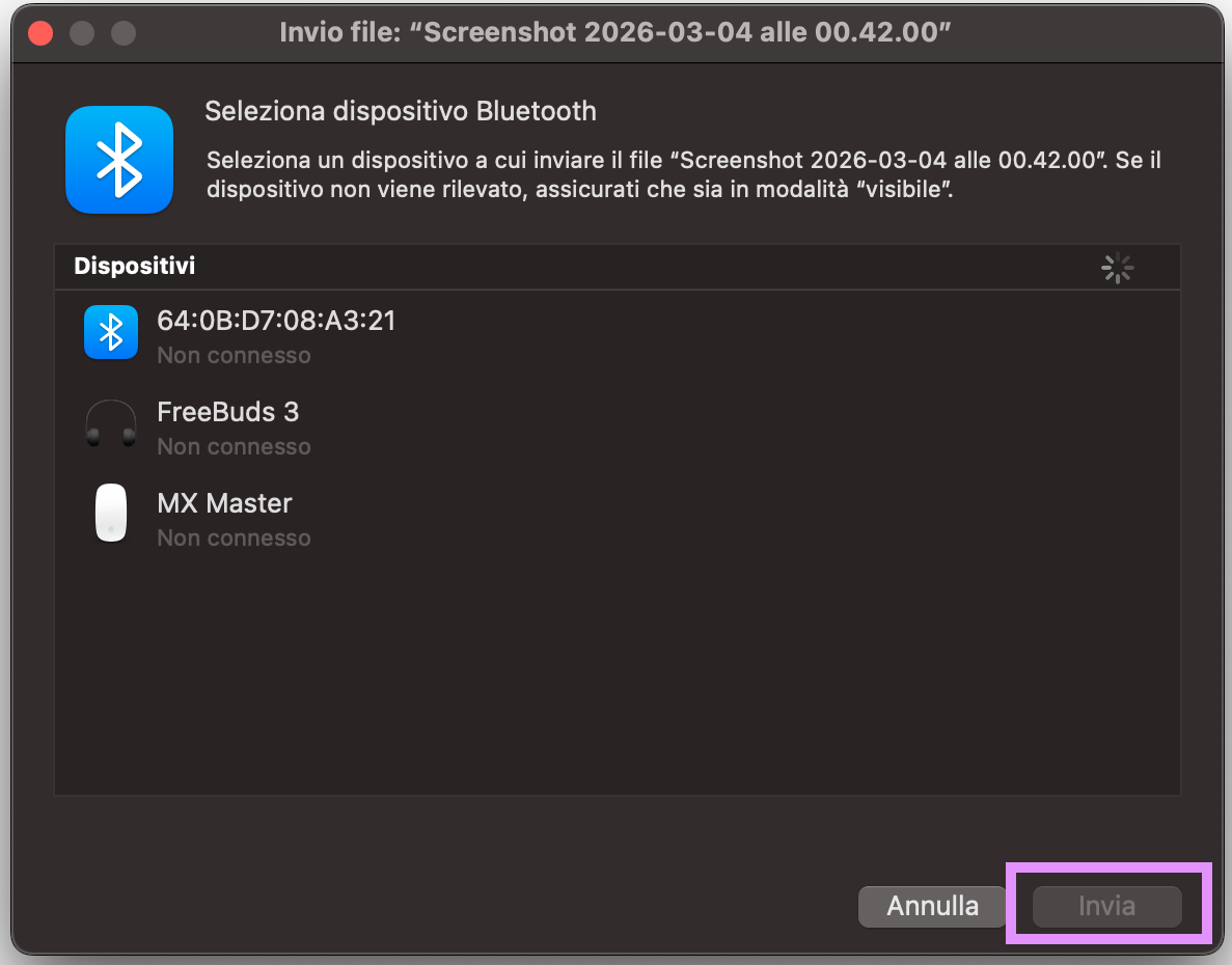 Bluetooth File Exchange su Mac mostra la schermata di invio. Seleziona il nuovo Mac, poi fai clic su Invia per trasferire file da Mac a Mac tramite Condivisione Bluetooth.
