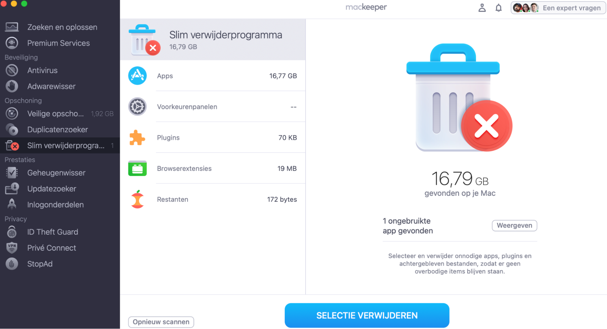 Gebruik het MacKeeper Slim-verwijderprogramma om meer ruimte op je Mac vrij te maken. Vink de apps aan die je wilt verwijderen en tik op Selectie verwijderen.