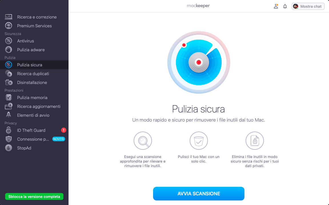 È inoltre possibile ottimizzare il Mac dopo gli aggiornamenti eliminando tutti i file di cache o di spazzatura dal sistema. Pulizia Sicura di MacKeeper è in grado di scansionare la cache e i file spazzatura non necessari per rimuoverli in modo sicuro dal sistema.