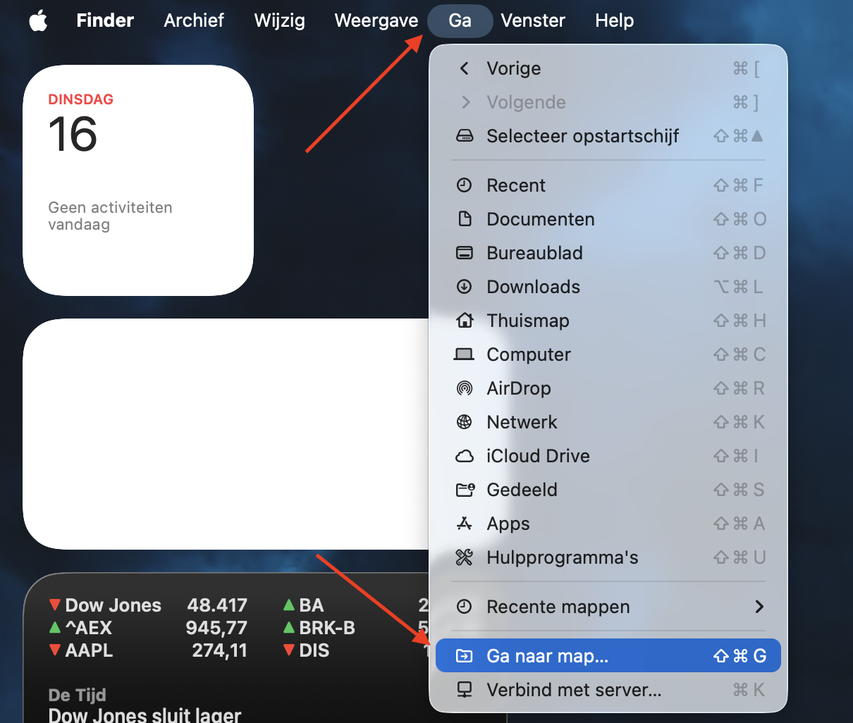 Finder op de Mac toont het menu ‘Ga’. Klik op ‘Ga naar map’ om de locatie van de tijdelijke cachemap te openen.