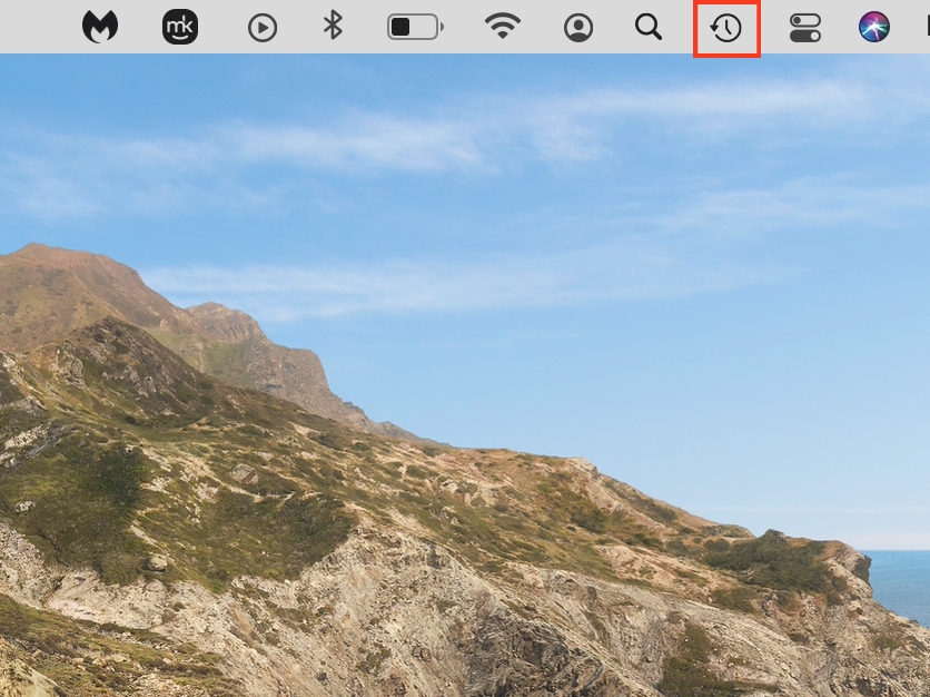Mac shortcuts appear in the menu bar. Click on the Time Machine icon to check Time Machine backups and pause them temporarily.