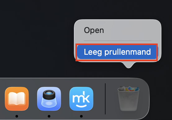 Het prullenmandpictogram aan het einde van het Dock op de Mac met het contextmenu erboven. Kies ‘Prullenmand leegmaken’ om de prullenmand handmatig te legen.