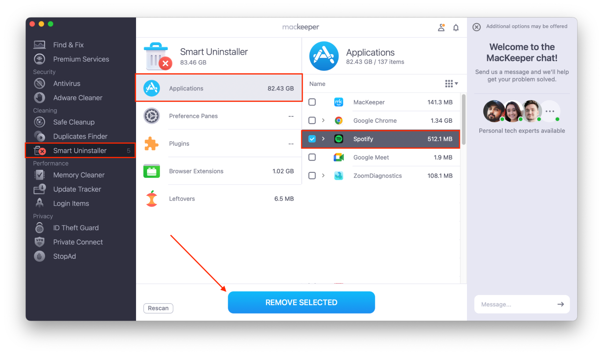 MacKeeper's Smart Uninstaller window on a Mac with Spotify selected under Applications and the Remove Selected button highlighted at the bottom