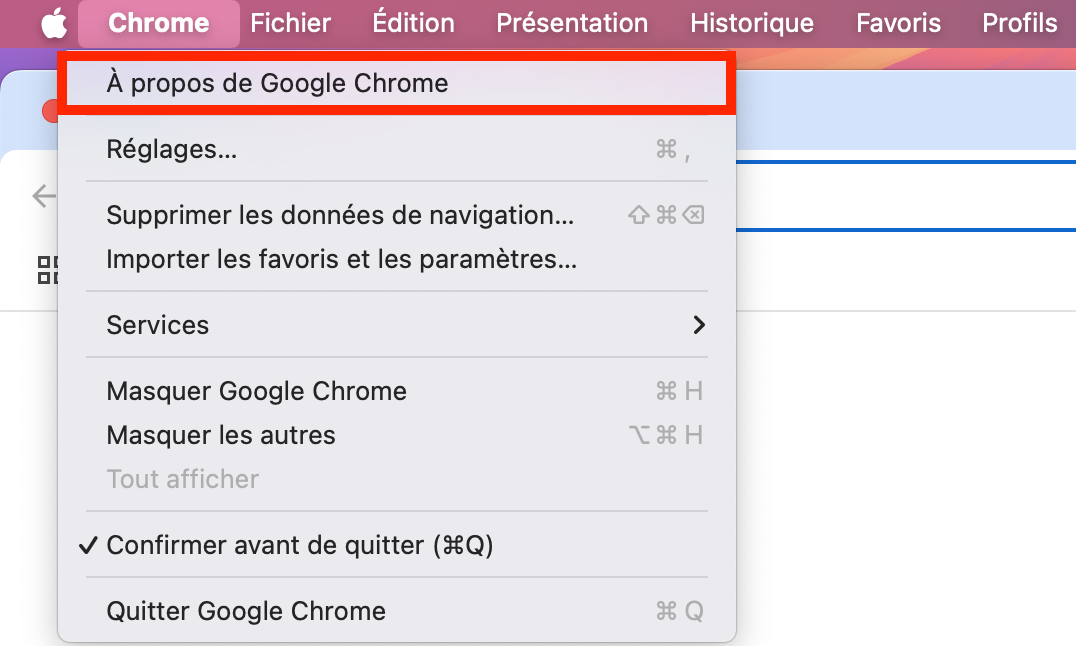 Sélectionnez À propos de Google Chrome et cliquez sur Mettre à jour Google Chrome si cette option apparaît.