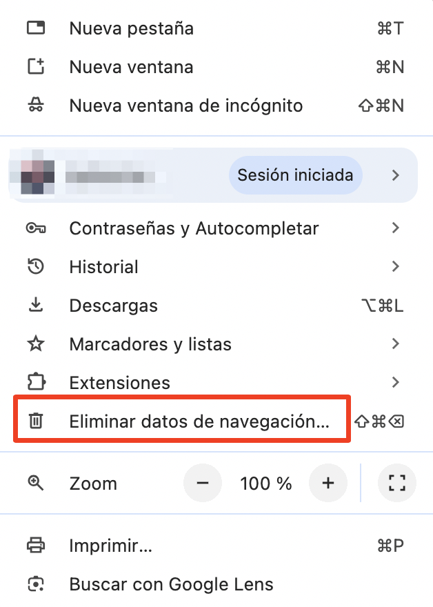 El menú de Google Chrome para Mac, con la opción Eliminar datos de navegación resaltada. Cómo arreglar servicio de cuentas quiere usar el llavero de inicio de sesión.