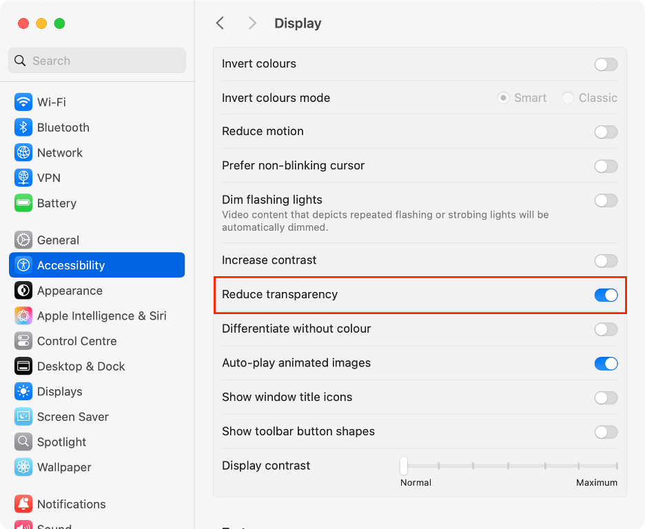 To adjust the look of your Mac’s menu bar, turn on the Reduce transparency toggle.