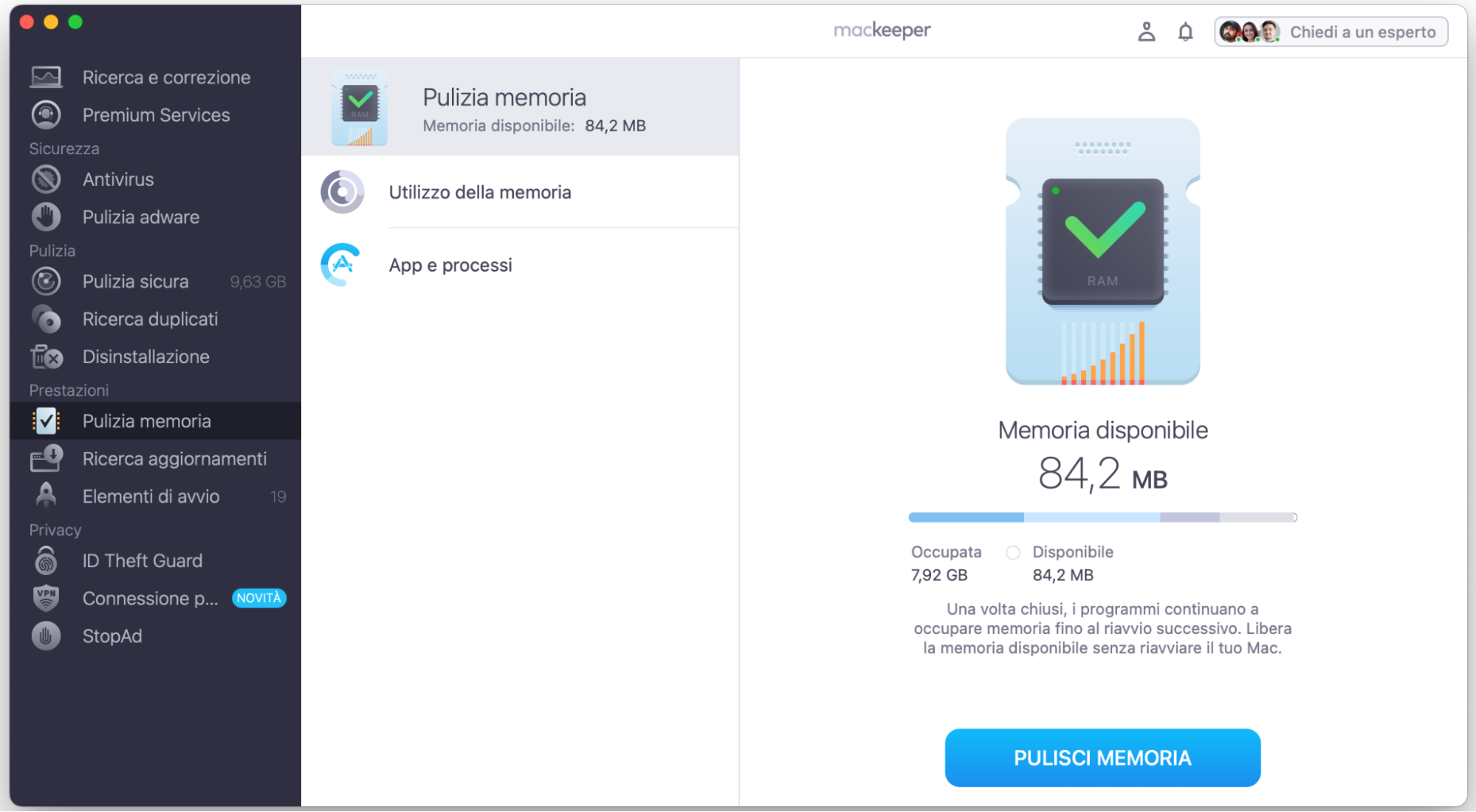 Libera la RAM sul tuo Mac andando su Prestazioni > Pulizia Memoria in MacKeeper. Da qui puoi chiudere facilmente le app e i processi che consumano molte risorse.