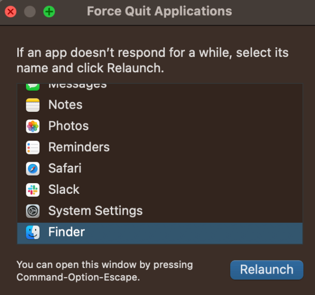 Press Option + Command + Esc, select Finder from the list, then click Relaunch to refresh all mounted drives on your Mac.