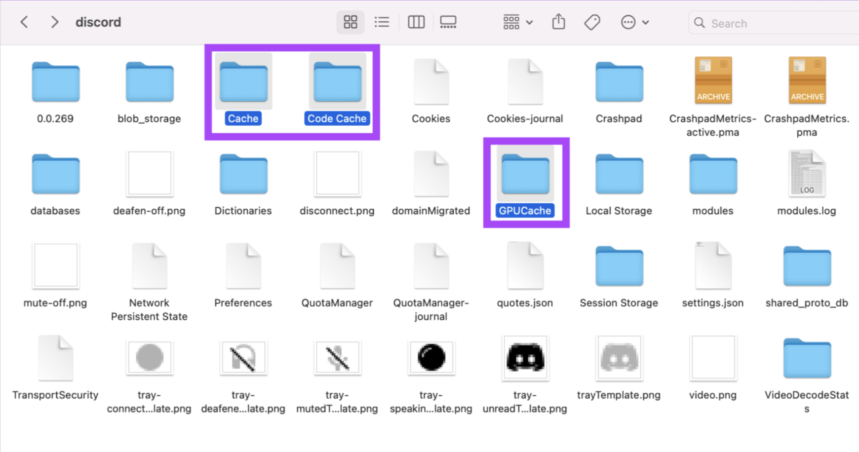 You will now see all the files and folders associated with Discord on your Mac. Look out for any folders or files labelled as Cache.