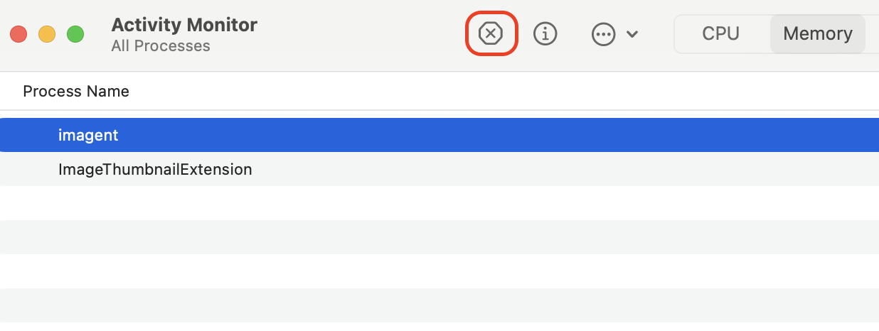 In Activity Monitor, highlight the imagent entry and click the X button at the top of the window to prepare the process for termination.