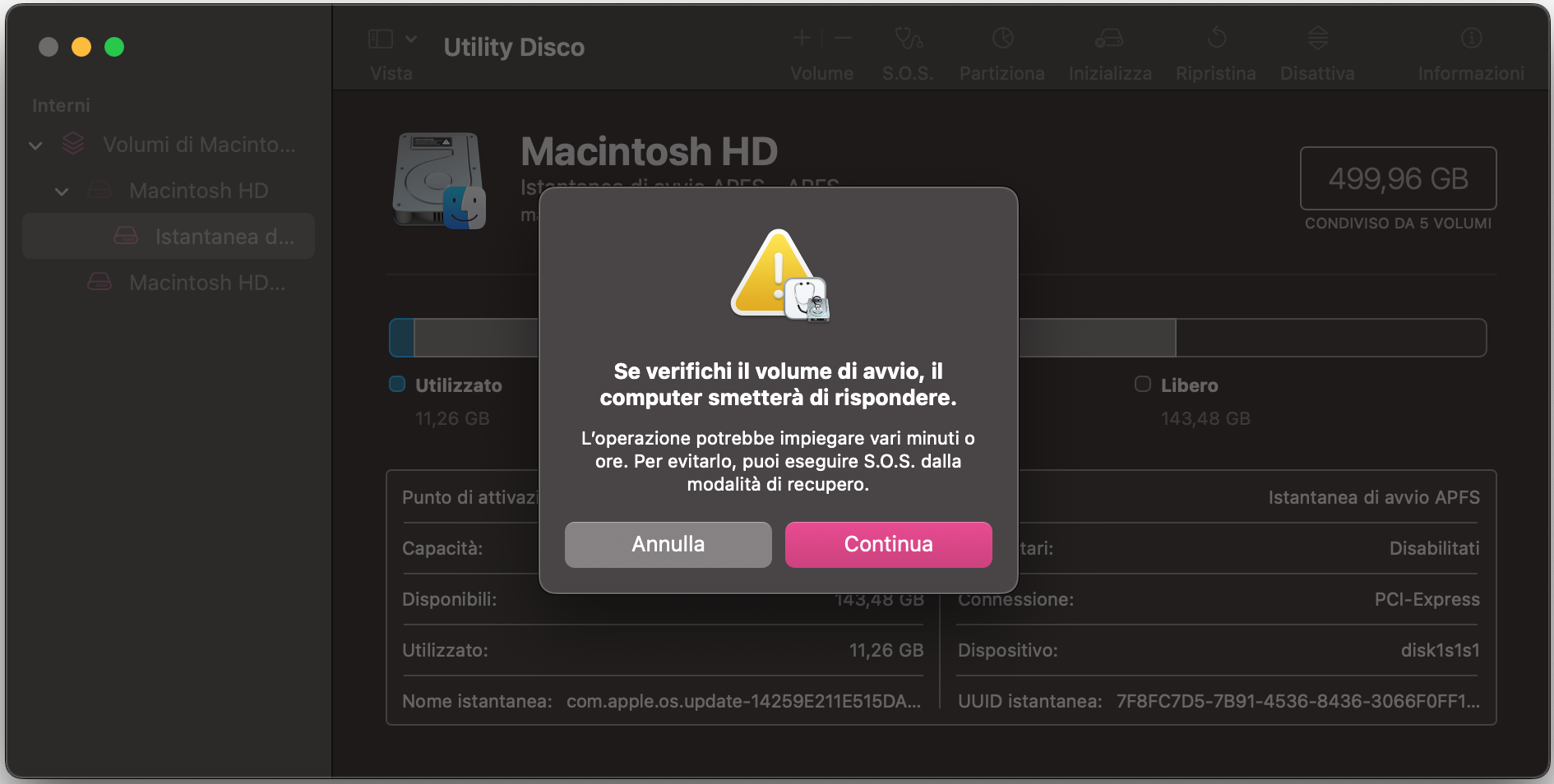Un’altra finestra di dialogo di SOS chiede di confermare se vuoi continuare con il processo. Conferma la tua scelta facendo clic sul pulsante Continua.