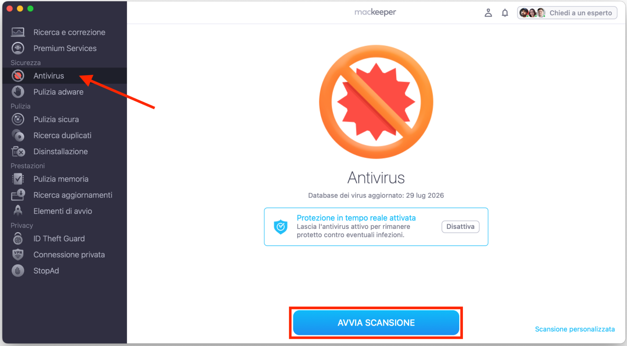 Se vuoi sapere dove si trova la cartella Applicazioni e sospetti che sia stata rimossa da malware o da un virus, esegui una scansione antivirus e rimuovi eventuali minacce individuate. Apri MacKeeper, seleziona Antivirus e clicca su Avvia scansione.