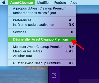 Différentes options figurent dans la section Avast Cleanup de la barre de menus sur Mac. Cliquez sur Désinstaller Avast Cleanup Premium pour ouvrir le désinstallateur. Différentes options figurent dans la section Avast Cleanup de la barre de menus sur Mac. Cliquez sur Désinstaller Avast Cleanup Premium pour ouvrir le désinstallateur.