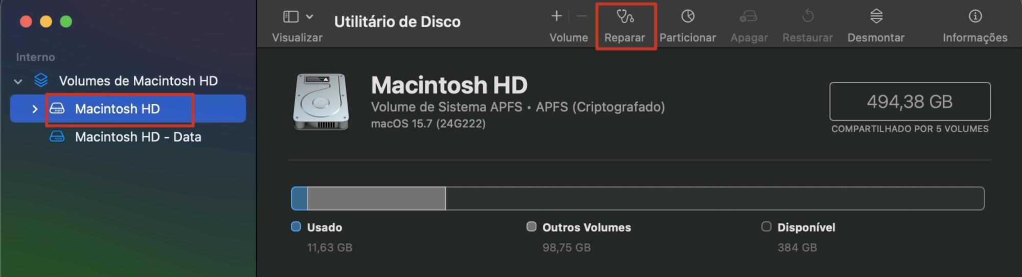 O Utilitário de Disco no Mac com o disco de inicialização selecionado. Clique em Reparar para verificar se há erros na unidade que podem estar impedindo o esvaziamento do Lixo no Mac.