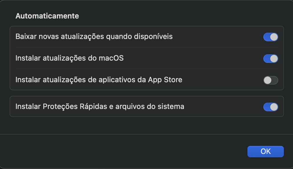 As configurações de Atualização Automática em um Mac, com todas as opções ativadas. Como corrigir a Touch Bar no MacBook Pro: atualize o macOS.