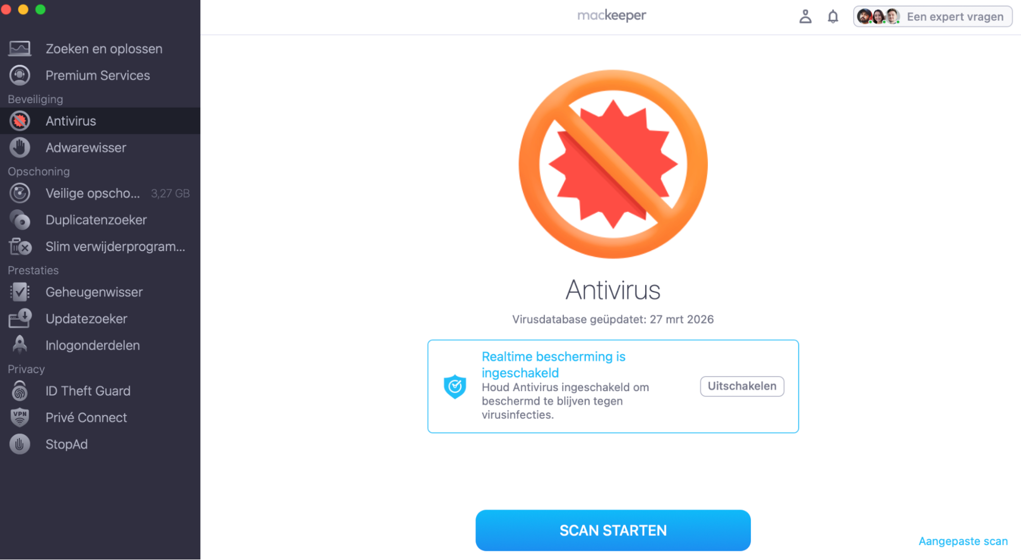 Om Antivirus van MacKeeper te gebruiken, open je de app en kies je ‘Antivirus’ in de zijbalk. Klik vervolgens op de knop ‘Start scan’.