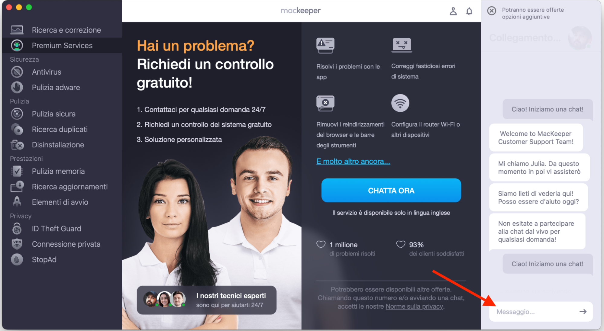 Su Mac, MacKeeper mostra la schermata Premium Services. Descrivi il problema in dettaglio per ricevere supporto professionale.