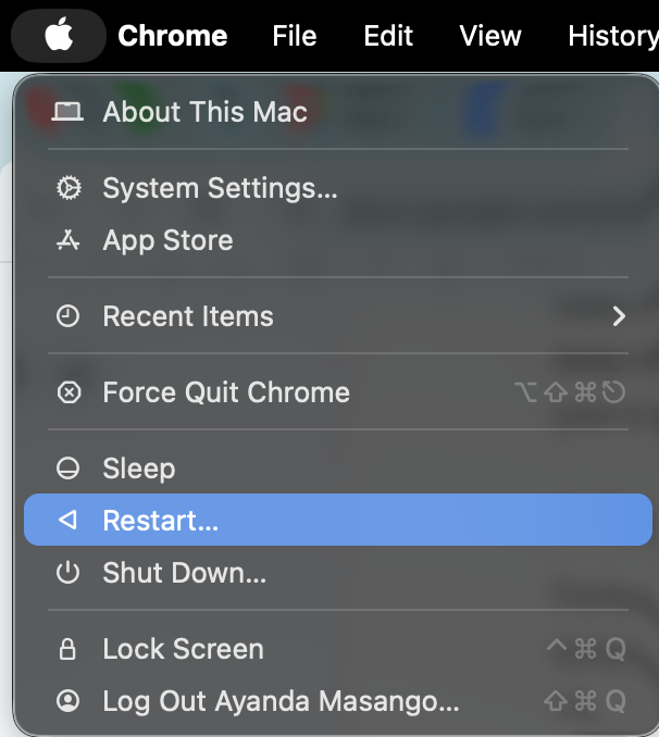 Apple menu options appear on a Mac. Click the Restart option to reboot your device and get started fixing widgets not working.