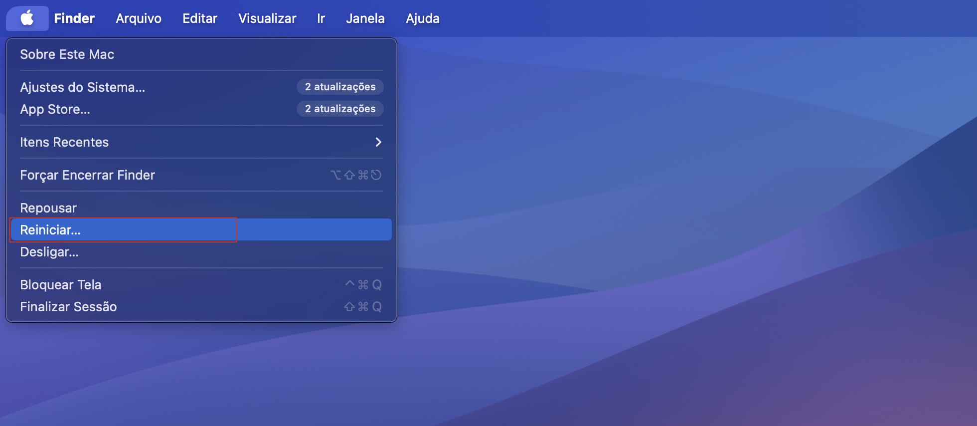 Esta é a última etapa para corrigir o Bluetooth quando ele não está funcionando. Após excluir os arquivos .plist do Bluetooth, reinicie o dispositivo acessando o menu da Apple e escolhendo a opção Reiniciar.