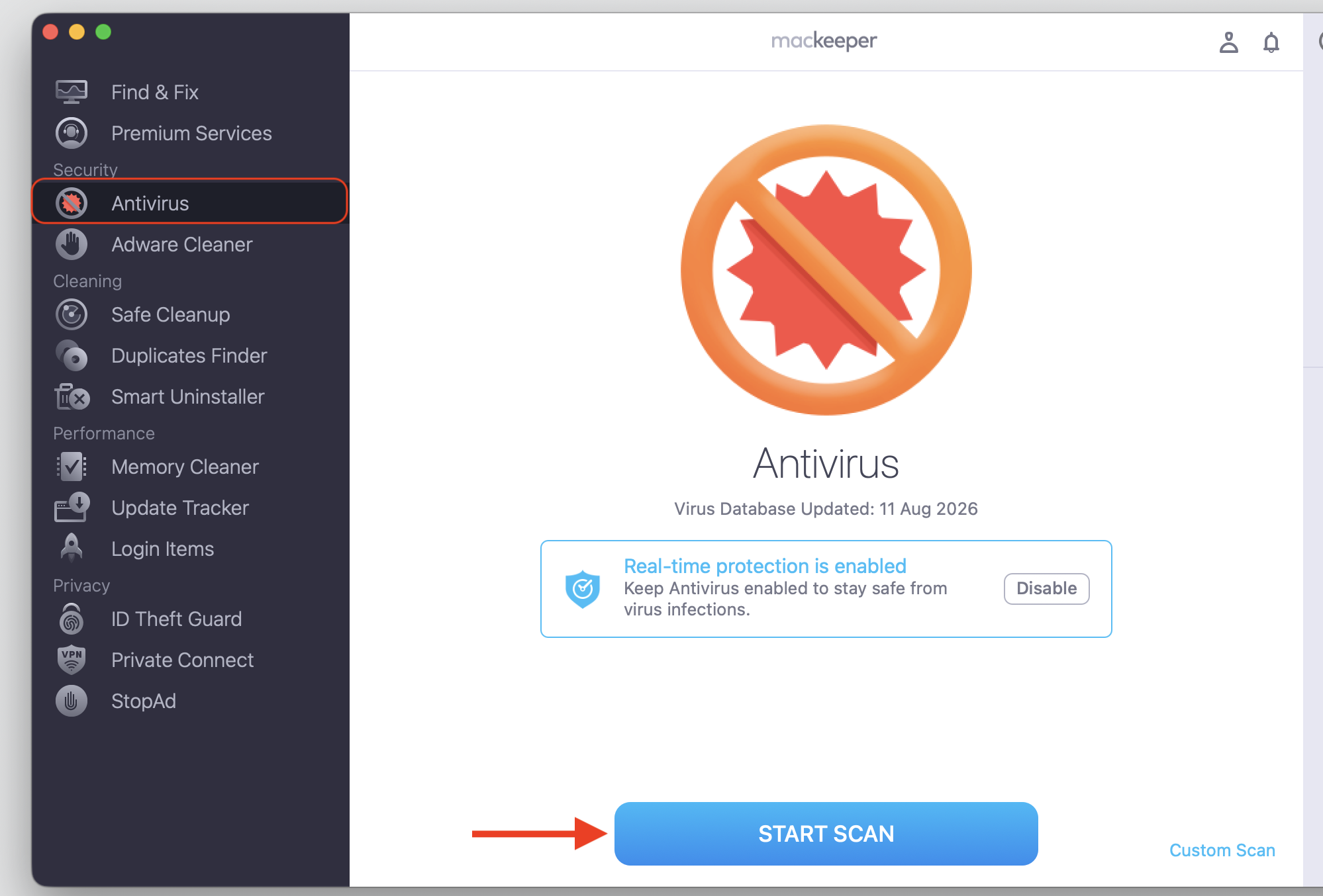 MacKeeper's Antivirus on an Apple laptop clicking Start Scan to check for malware that can trigger the no manipulations with clipboard error.