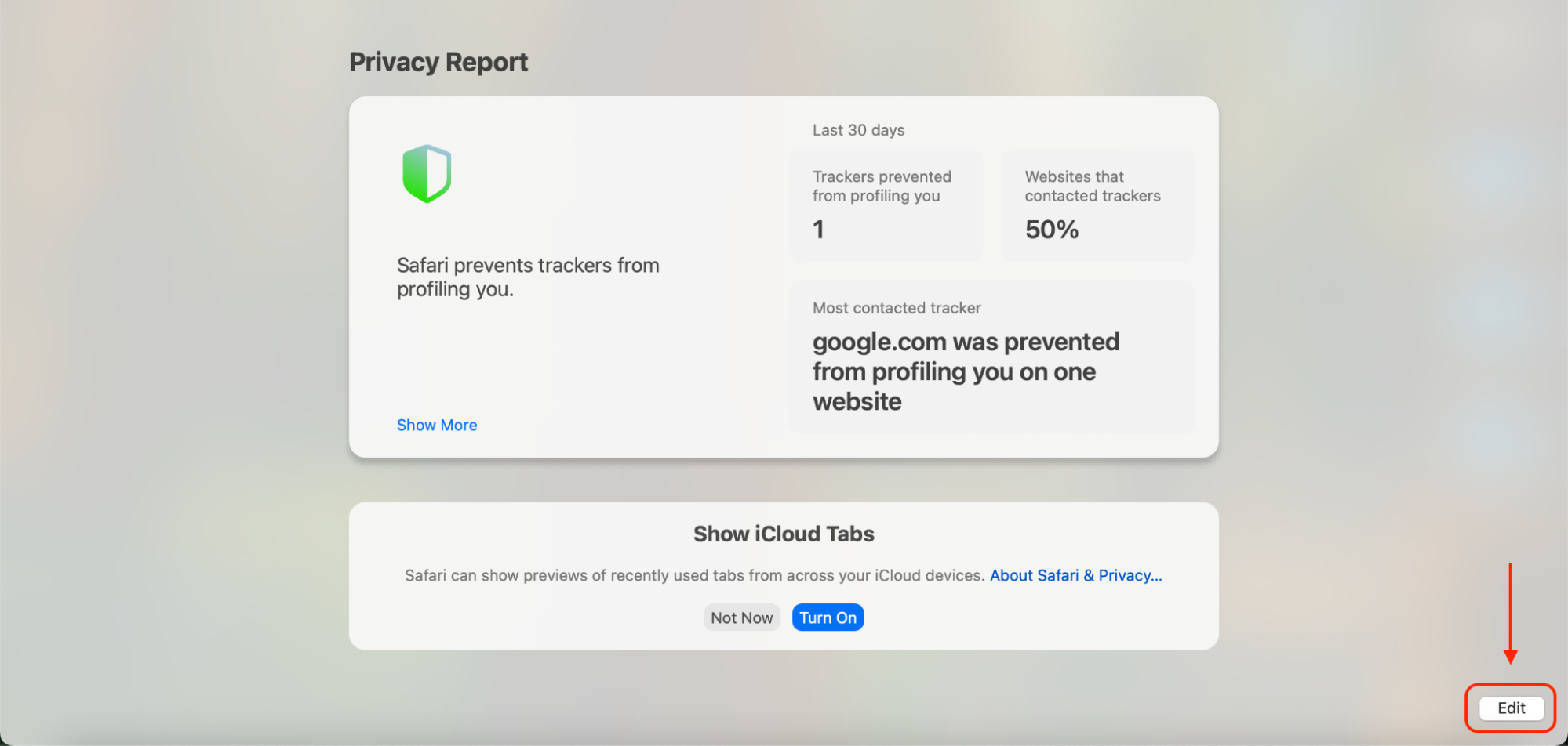 Scroll down to the bottom of the Safari Start Page and click the three-slider Edit icon to access background customization settings.