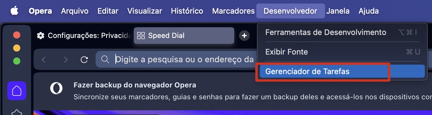 Selecione Gerenciador de Tarefas no menu Desenvolvedor do Opera.