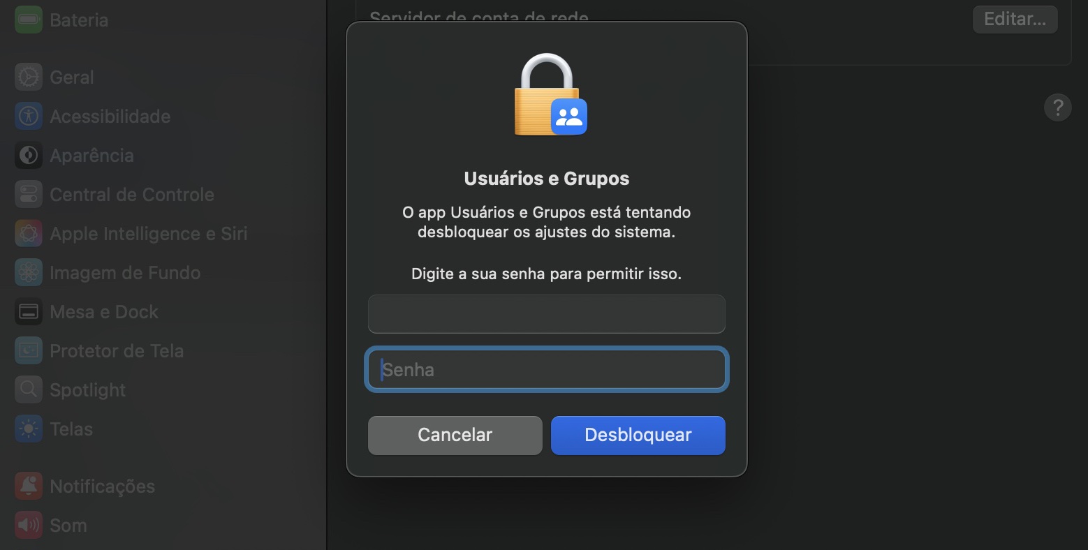 Será solicitado que você insira a senha do seu Mac. Insira-a e pressione Enter ou clique no botão 'Desbloquear'.