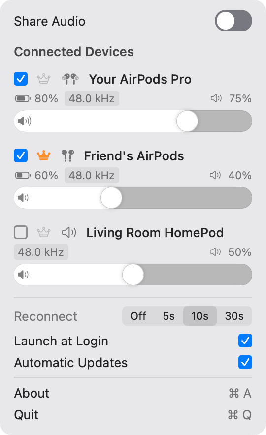 Click the PairPods icon in the menu bar, adjust the volume of each connected device, and turn on Share Audio to play sound on both.