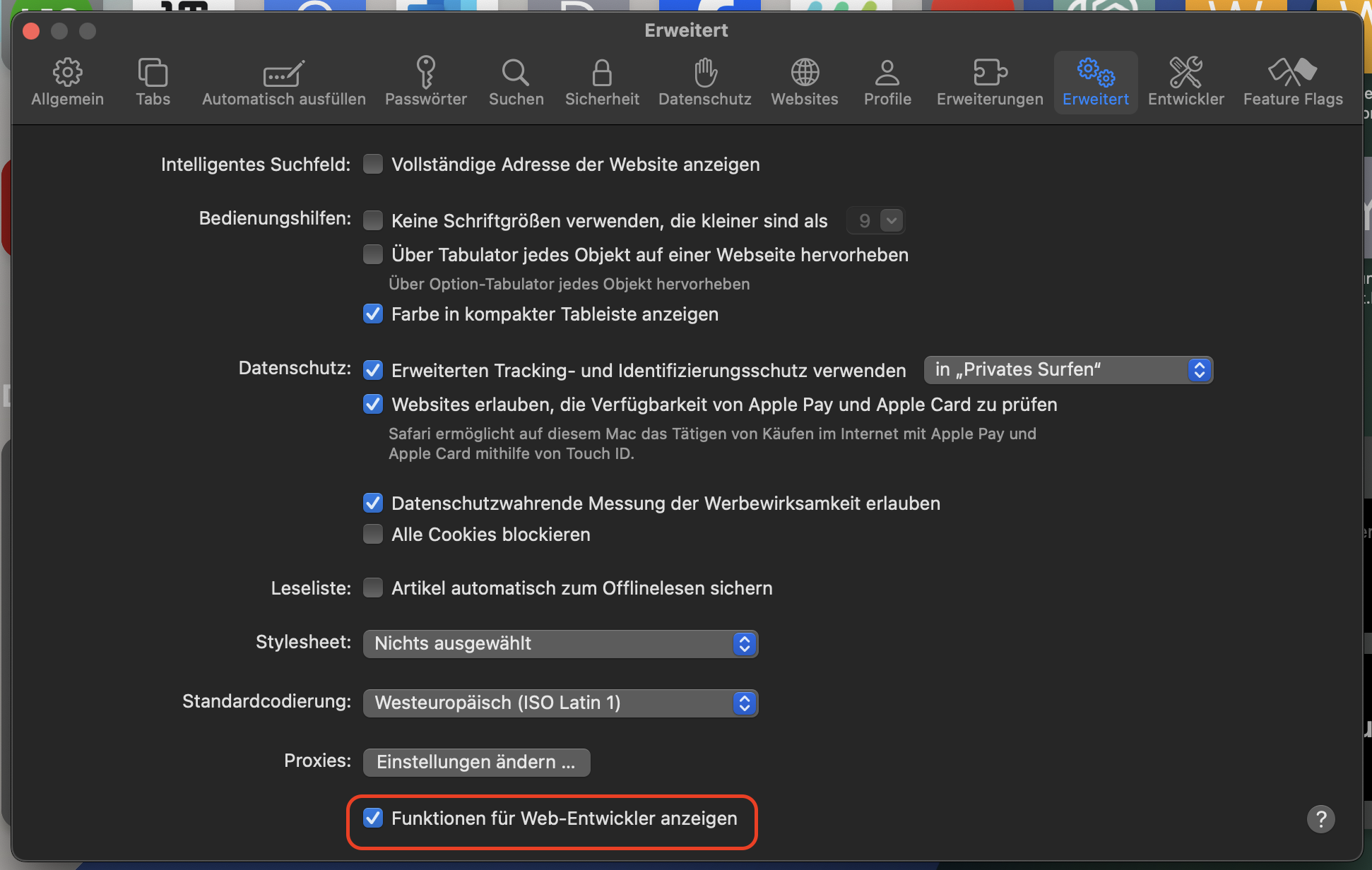 Aktivieren Sie anschließend im Menü Erweitert die Option Funktionen für Web-Entwickler anzeigen, um die Entwicklertools zu aktivieren, mit denen Sie den Cache von Safari auf dem Mac leeren können.