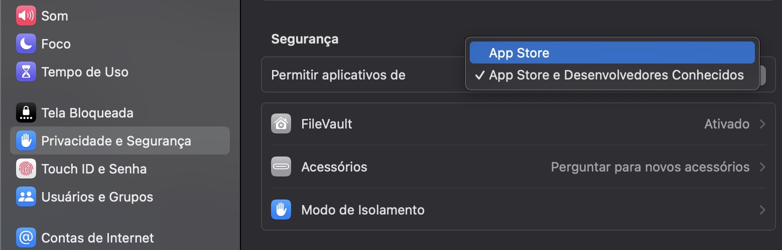 Abra a aba Privacidade e Segurança e permita aplicativos baixados da App Store.
