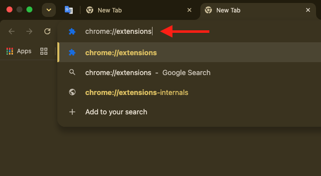 The address bar of Google Chrome on a MacBook with chrome://extensions typed to open the extensions page and stop crashing.