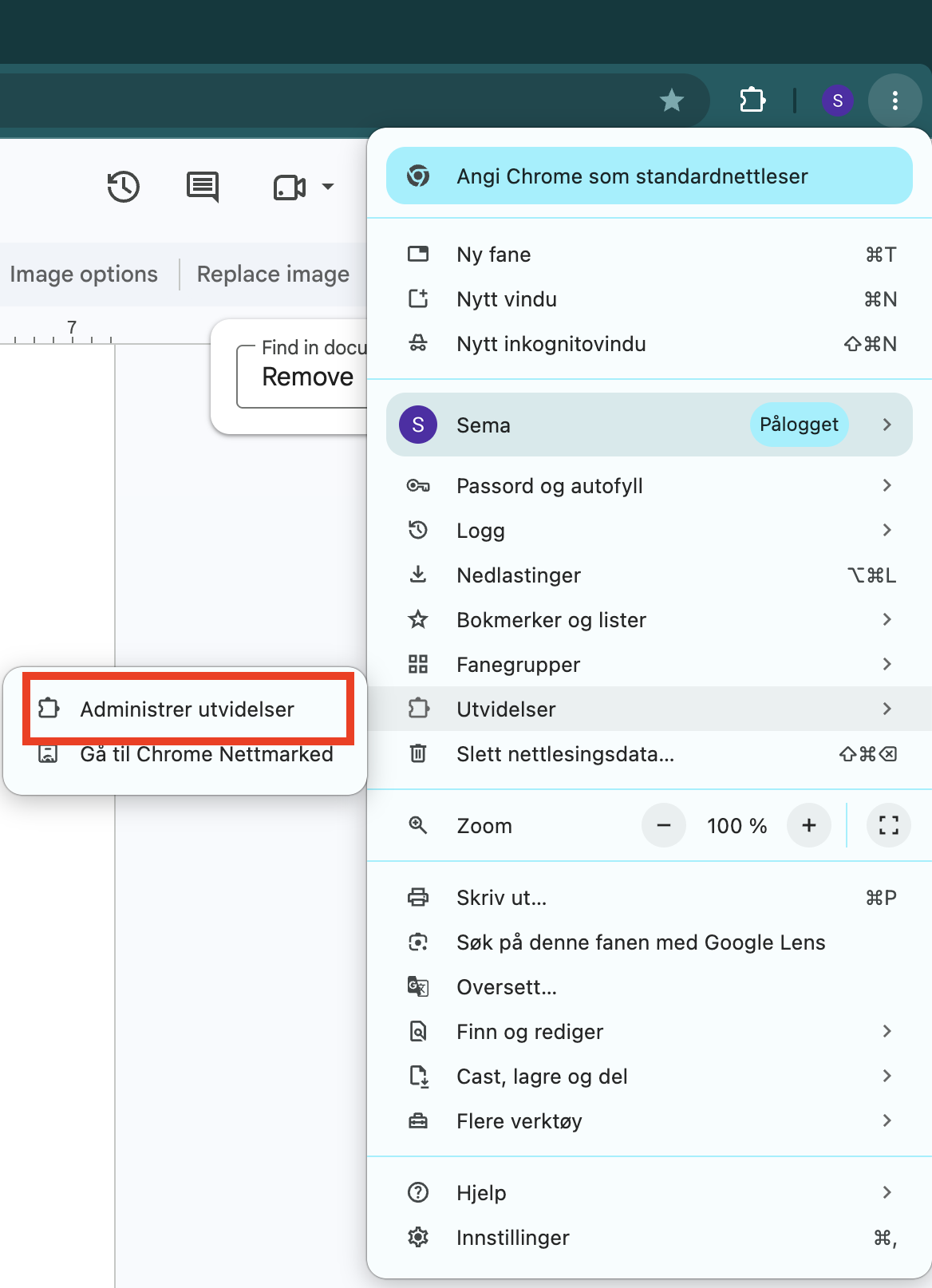 I Google Chrome på Mac klikker du på de tre prikkene øverst til høyre og velger deretter Utvidelser > Administrer utvidelser.