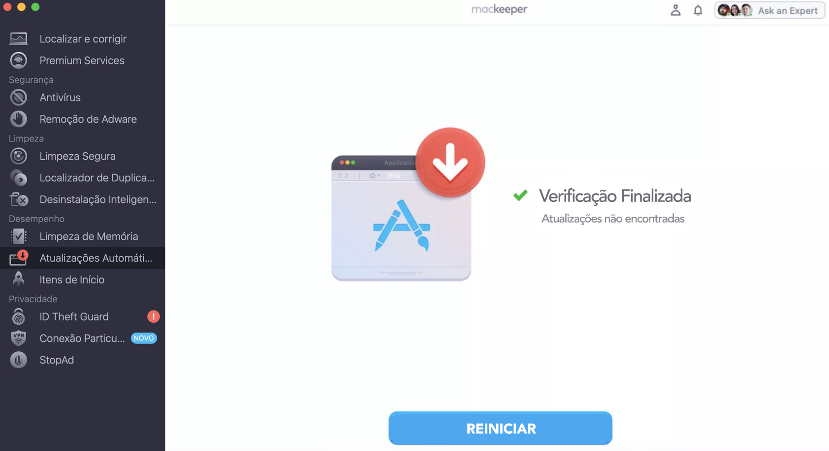 Mantenha os aplicativos do seu Mac atualizados usando o recurso integrado do MacKeeper chamado Atualizações Automáticas.