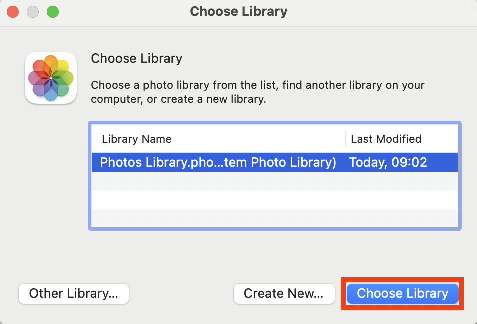 The Choose Library window inside the Photos app on Mac. Open your second library in Photos with iCloud Photos enabled to merge two photo libraries on Mac.