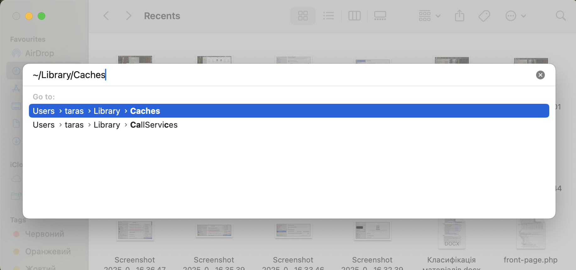Enter ~/Library/Caches in the Go to Folder box, then open the folder and delete its contents to clear user-level system cache.