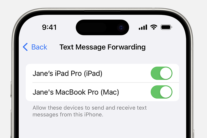 Go to Text Message Forwarding and choose the devices you wish to forward your messages to. You can pick from your listed Apple devices. 
