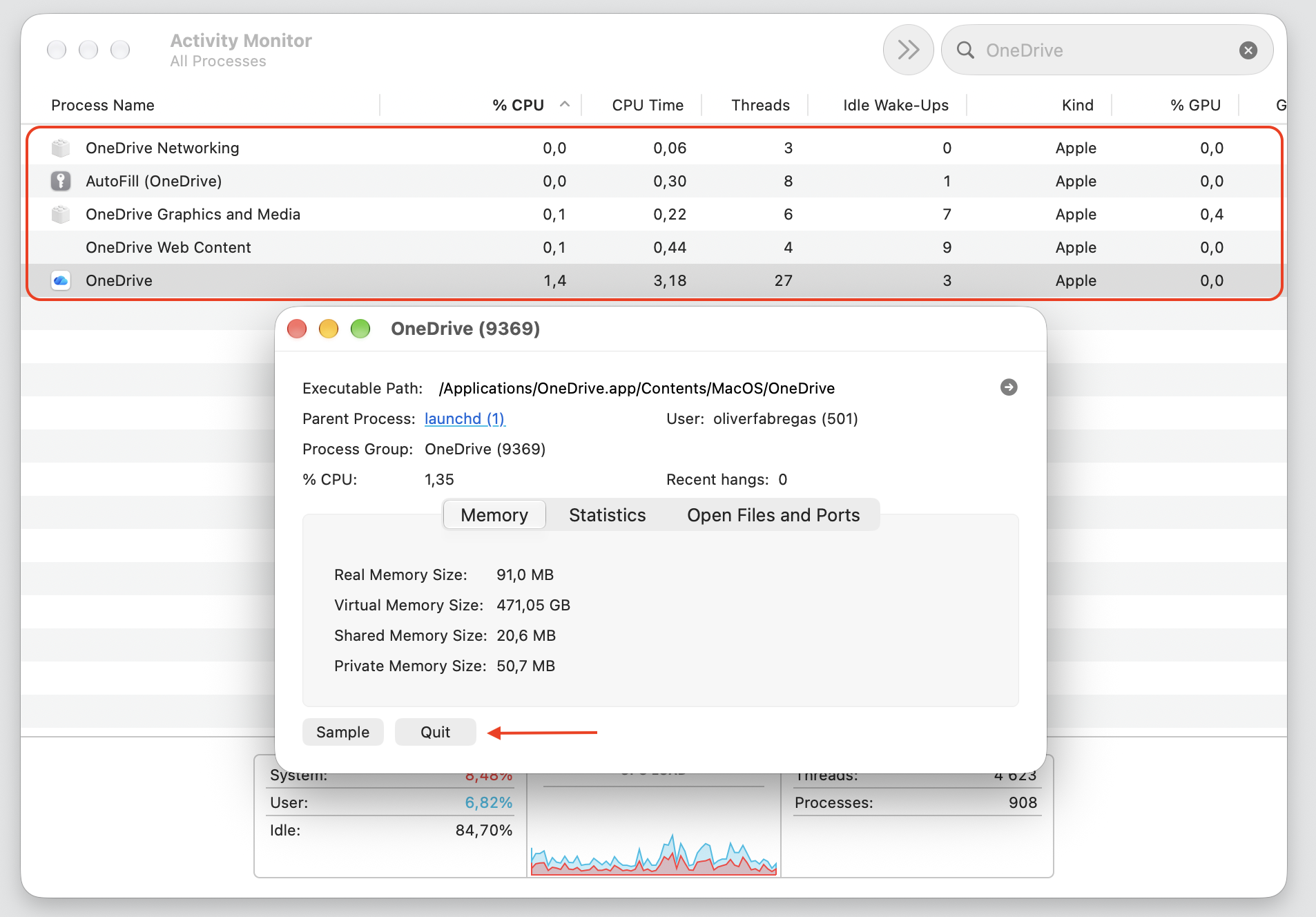 Activity Monitor on macOS searching OneDrive with the Quit dialog open to stop background processes of the damaged OneDrive on your Mac.