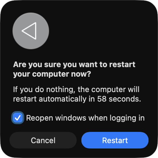 The Restart prompt on Mac for confirming a system reboot. Trying restarting your MacBook if its battery is not charging as this can fix random software glitches.