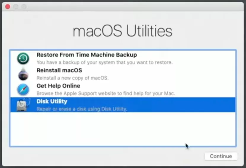 The macOS Utilities window is opened on a Mac. Select Disk Utility to erase the disk and perform a macOS Catalina factory reset.