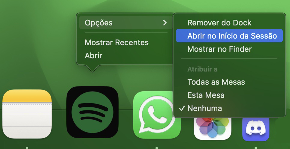 O Dock é exibido na tela inicial típica do Mac. Aqui você vê a lista dos aplicativos mais usados com frequência. Escolha o que precisar, clique com o botão direito e selecione Abrir no Início da Sessão.