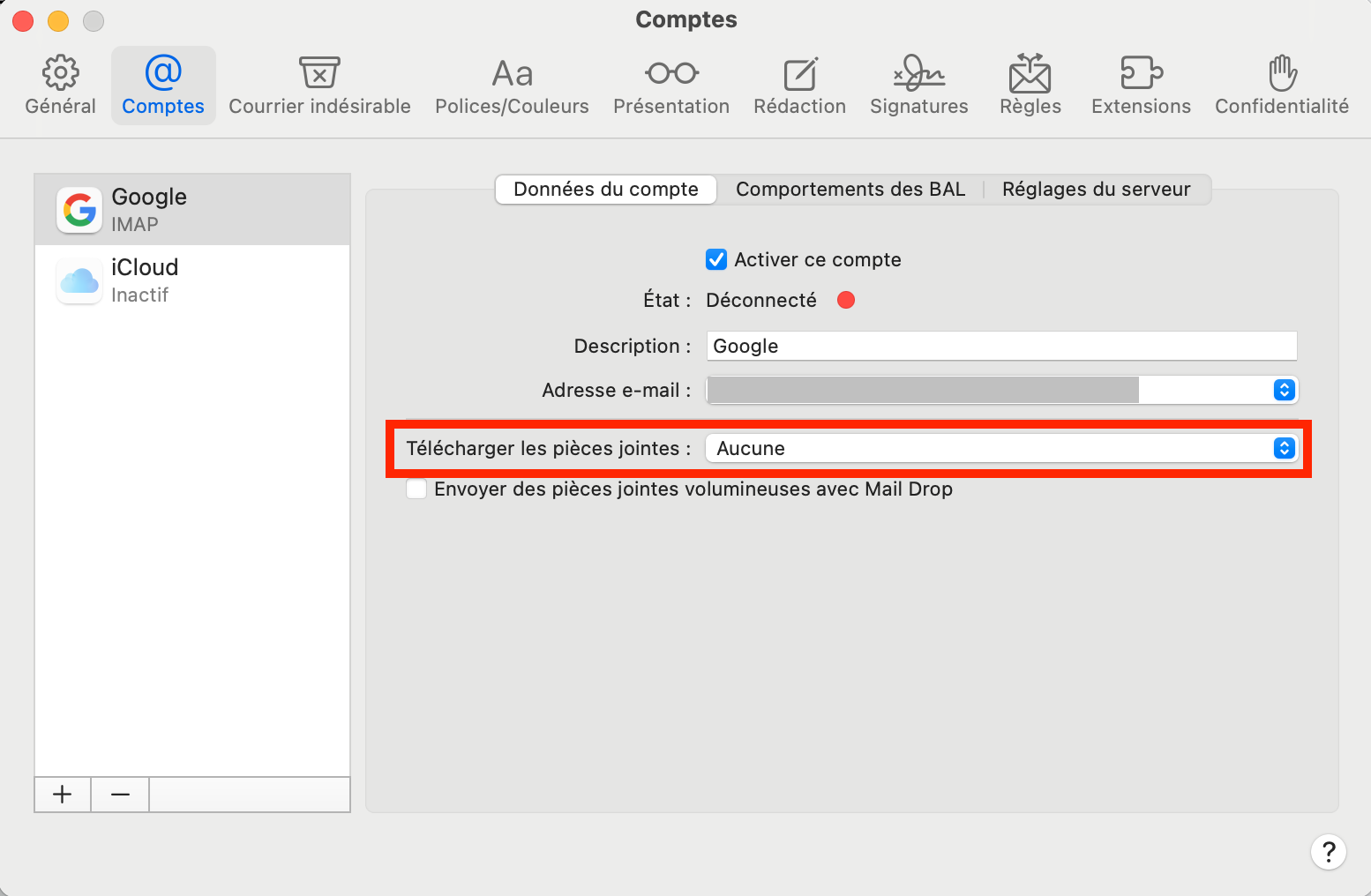 La page de réglages du menu Comptes dans l'application Mail. L’option Télécharger les pièces jointes est mise en évidence. Comment supprimer les caches Mail sur Mac : réduire l'espace utilisé par Mail.