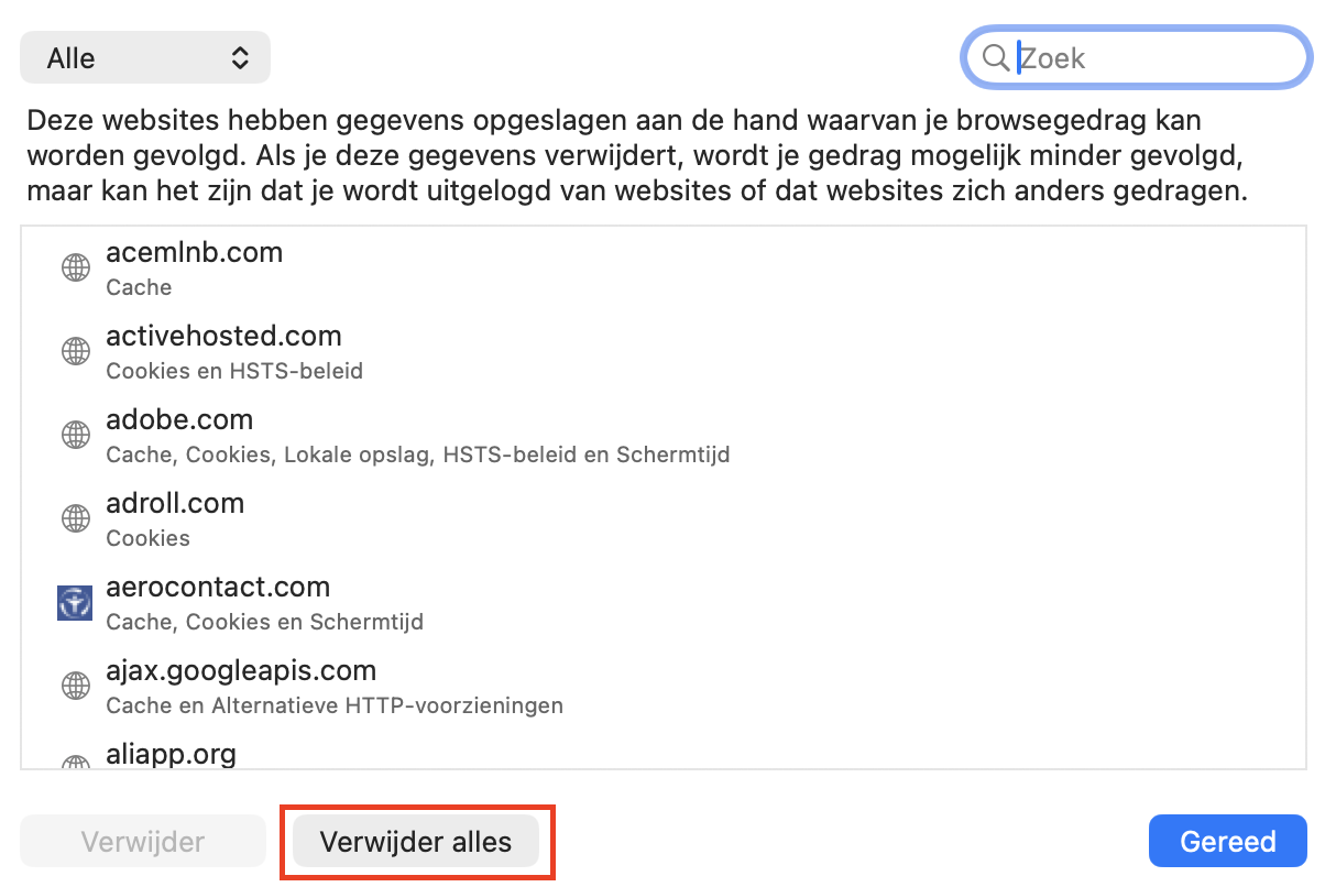 Een lijst van alle opgeslagen websitegegevens in Safari op Mac. Klik op Verwijder alles om alle gegevens te verwijderen en je instellingen te resetten.