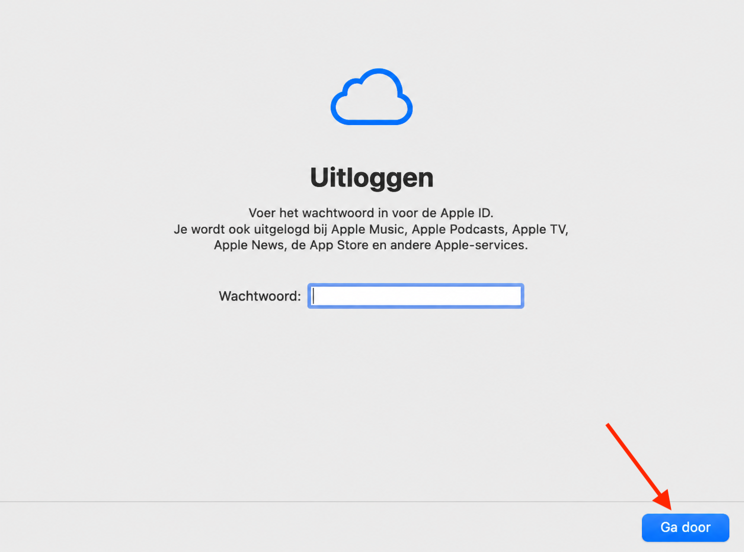 Wisassistent op de Mac vraagt de gebruiker zich af te melden bij zijn of haar Apple ID. Hiermee kan de gebruiker de MacBook terugzetten naar de fabrieksinstellingen.