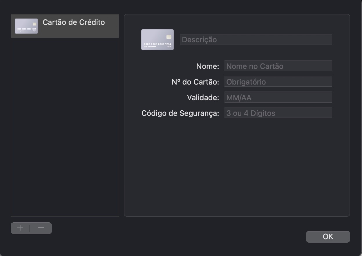 Se você estiver alterando as configurações de preenchimento do cartão de crédito, pode adicionar e remover os detalhes do cartão. Se não quiser que um cartão seja preenchido automaticamente no Safari, remova-o aqui.