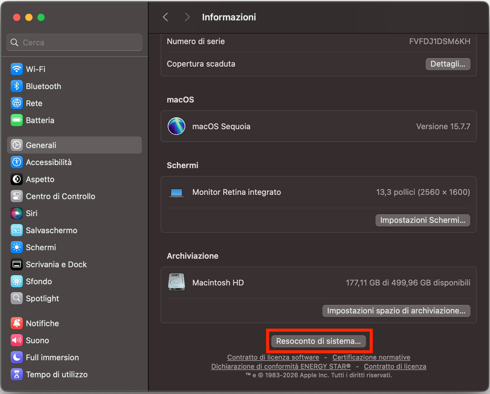 Nella finestra Informazioni su questo Mac, fai clic su Resoconto di sistema per aprire informazioni hardware dettagliate e verificare gli slot di memoria e le opzioni di upgrade per il Mac.
