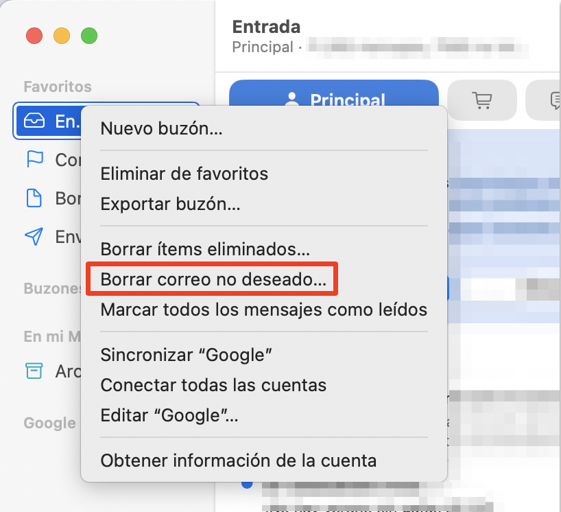 Parte de la aplicación Apple Mail con el menú contextual abierto para un buzón. Eliminar correo no deseado está resaltado. ¿Cómo eliminar el caché de mail en Mac?