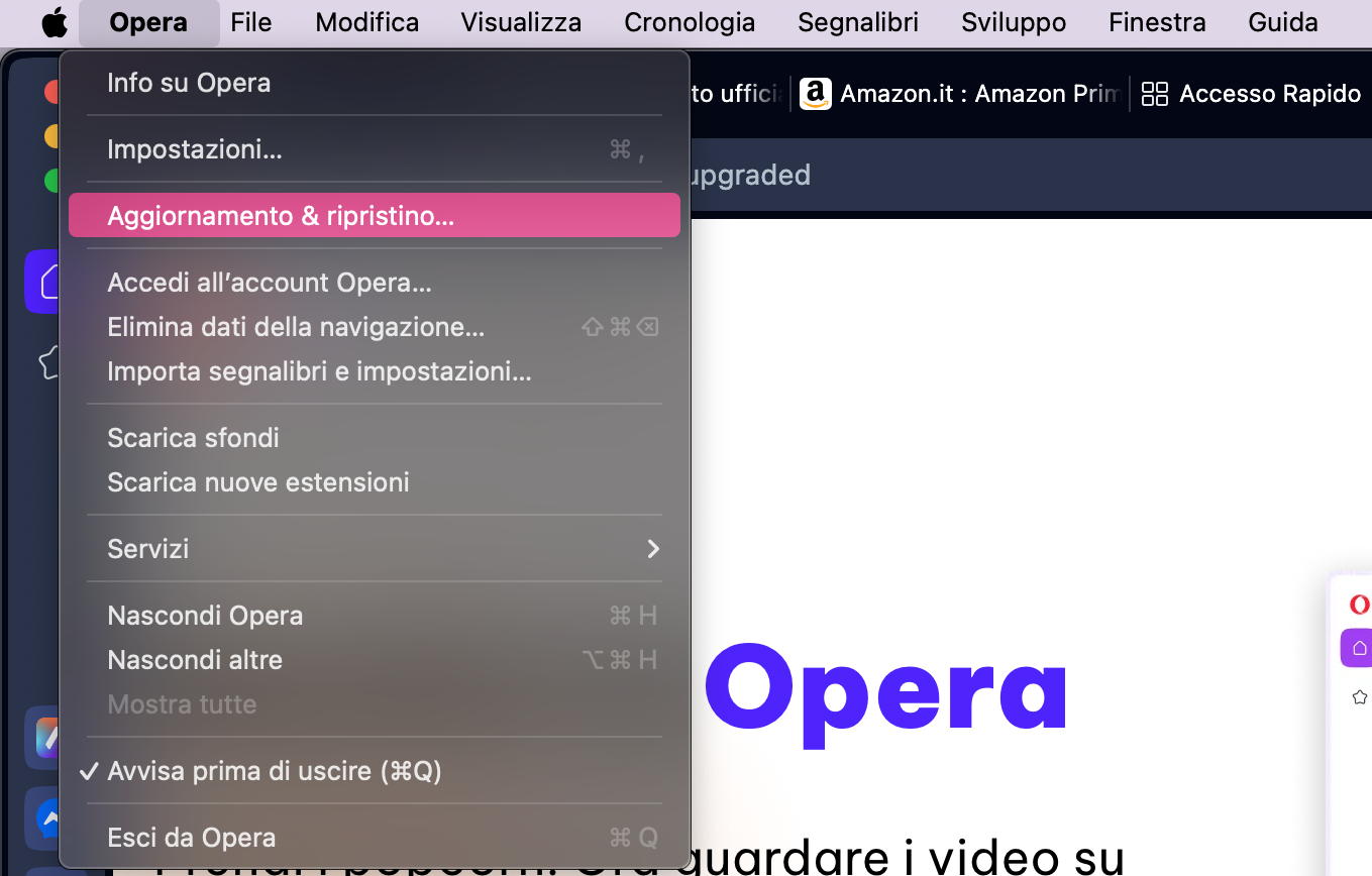 Opera per Mac, con il menu di Opera aperto, Aggiornamento e ripristino evidenziato. Come reimpostare Opera, come parte di una guida su come bloccare i falsi pop-up McAfee su Mac.